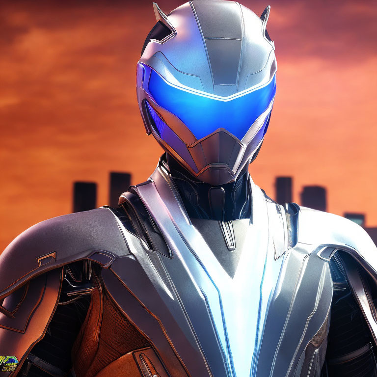 Futuristic armored figure with glowing blue visor against orange sky