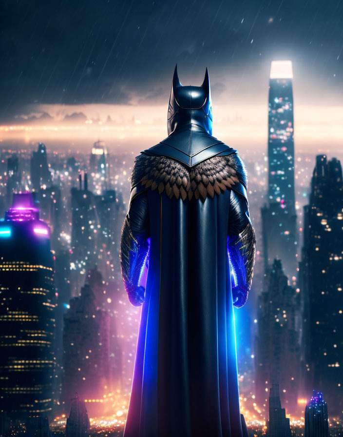 Person in Batman costume gazes over neon-lit cityscape in rain at night