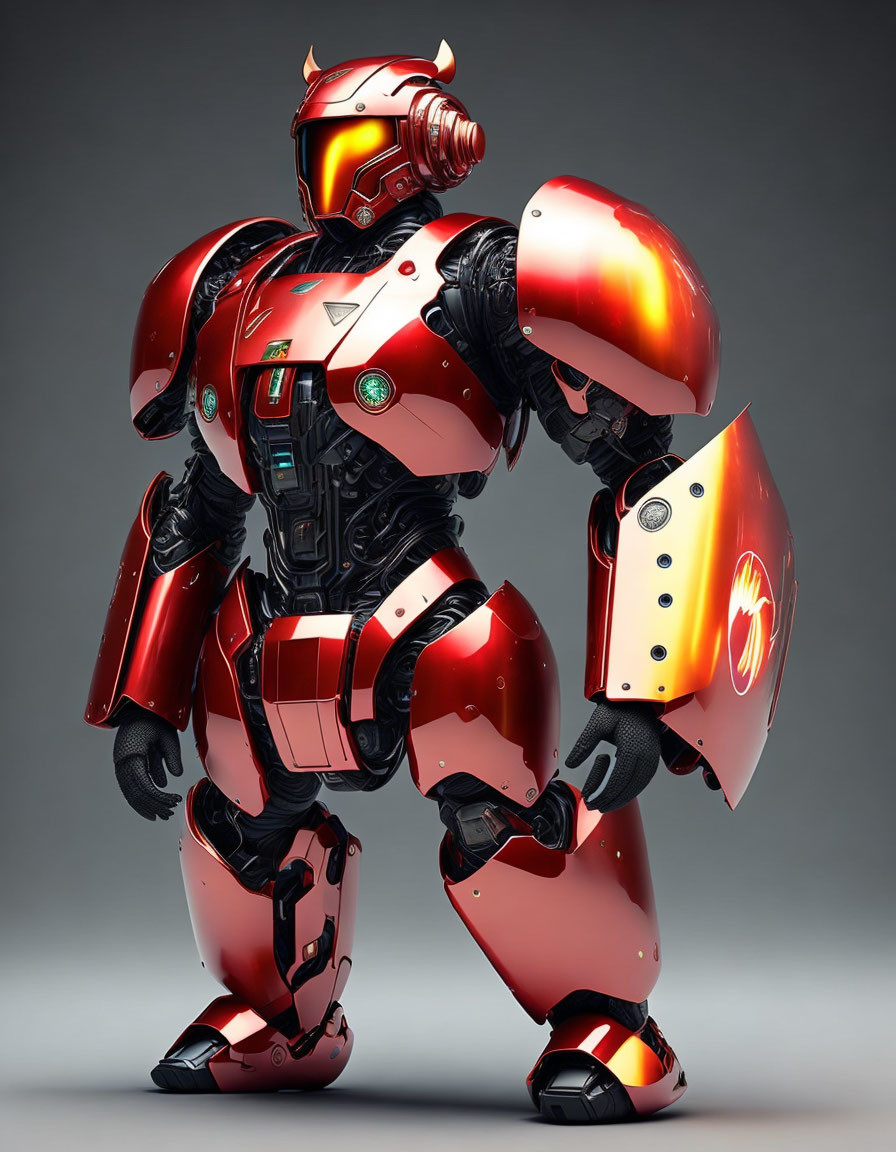 Red and Black Robotic Knight with Shield on Plain Background