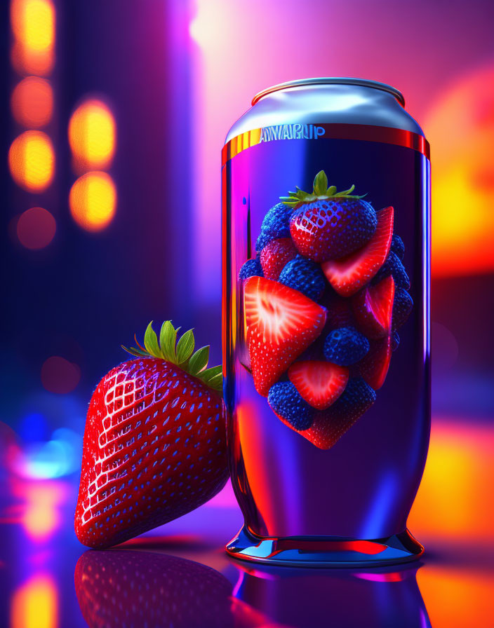 Colorful Strawberry Can Next to Large Fruit on Neon Bokeh Background