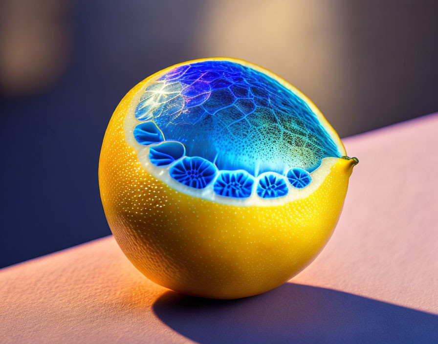 Digitally Altered Lemon with Blue Fractal Pattern Interior on Dual-Toned Surface