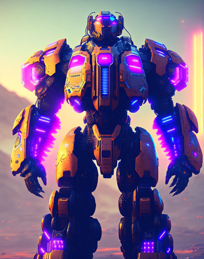 Glowing purple and blue futuristic robotic mech at sunset