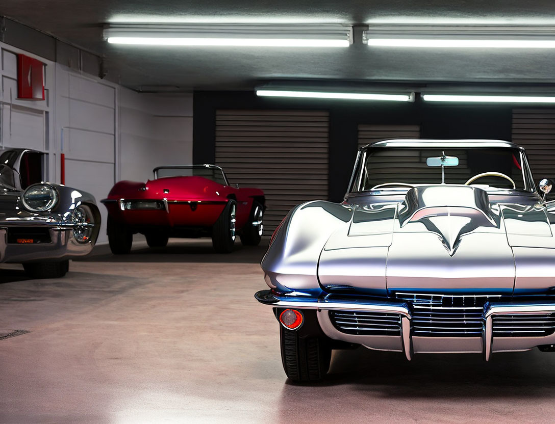Two classic cars in a garage: silver and red, sleek designs, bright lights.