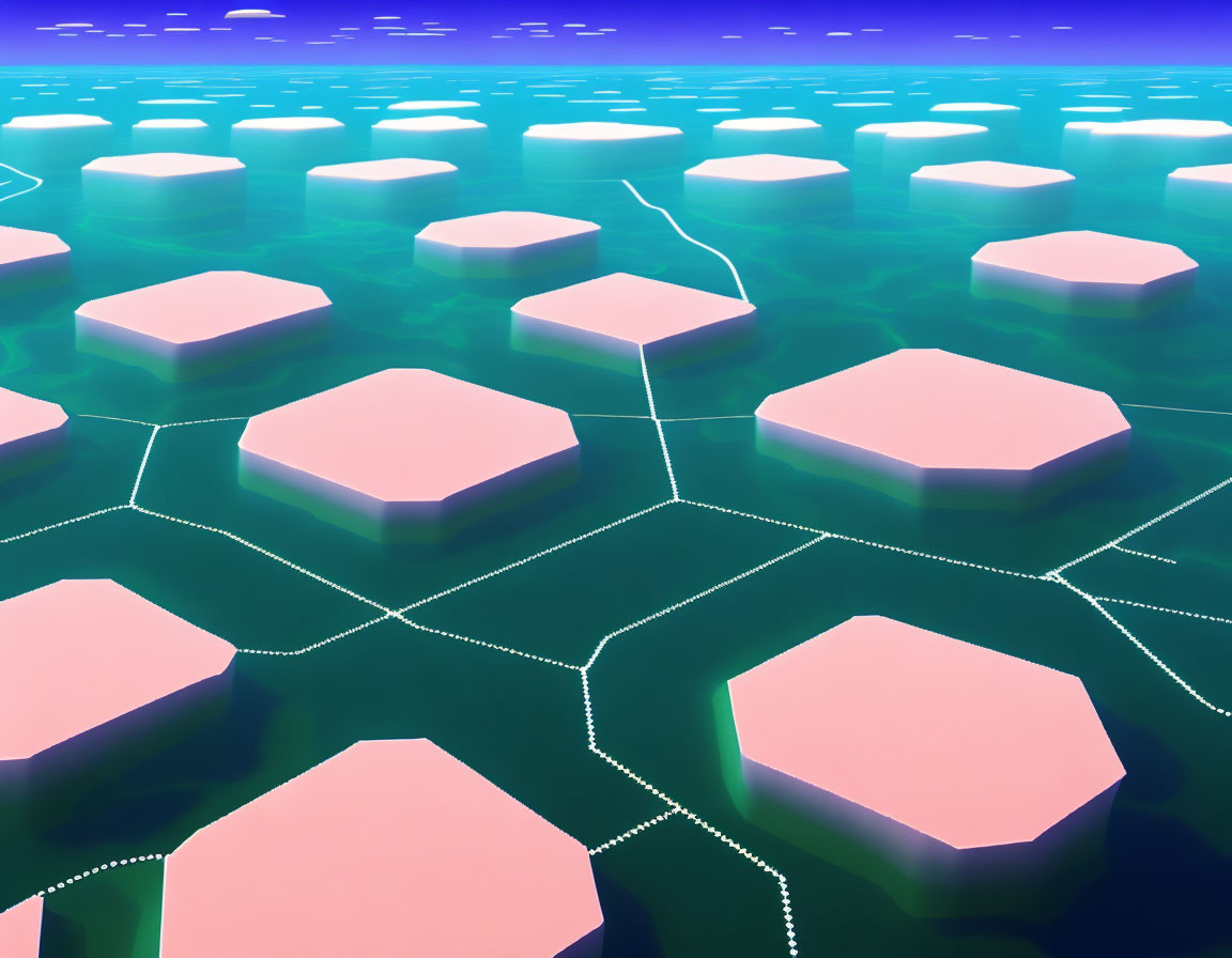 Hexagonal Network Pattern Over Digital Water Body Under Purple Sky