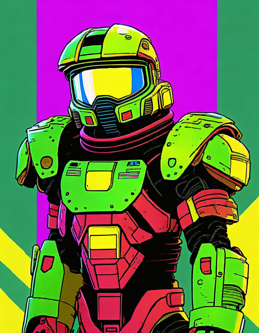 Colorful pop art style illustration of futuristic armored figure on pink and green backdrop