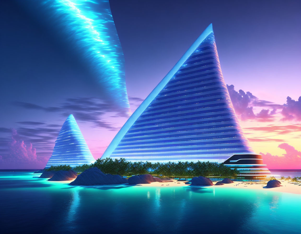 Pyramid-shaped Buildings on Tropical Island with Auroras