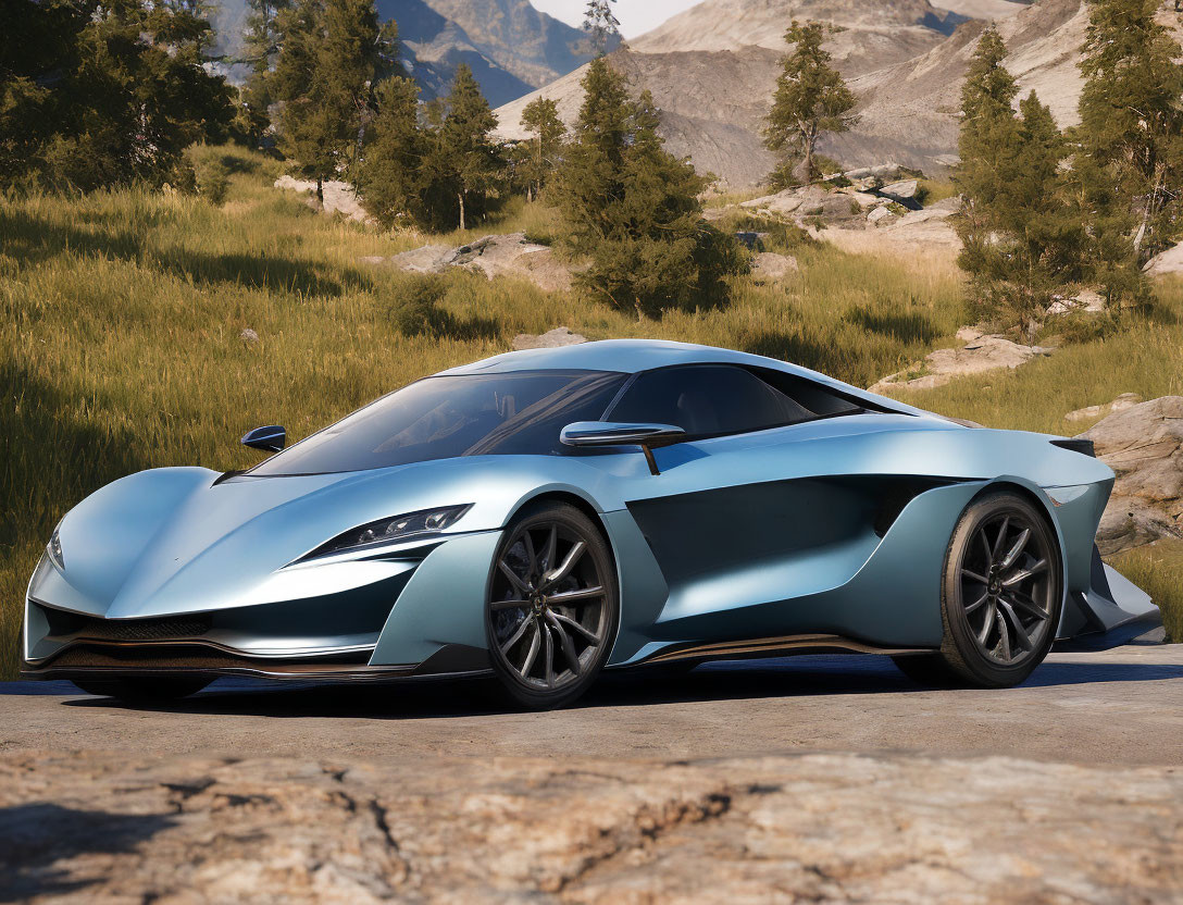 Futuristic blue sports car on rocky terrain with mountains and grass