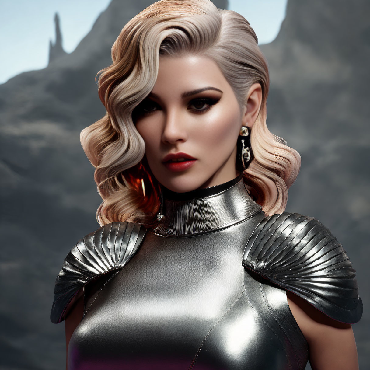 Blonde Woman in Futuristic Silver Armor with Mountain Background