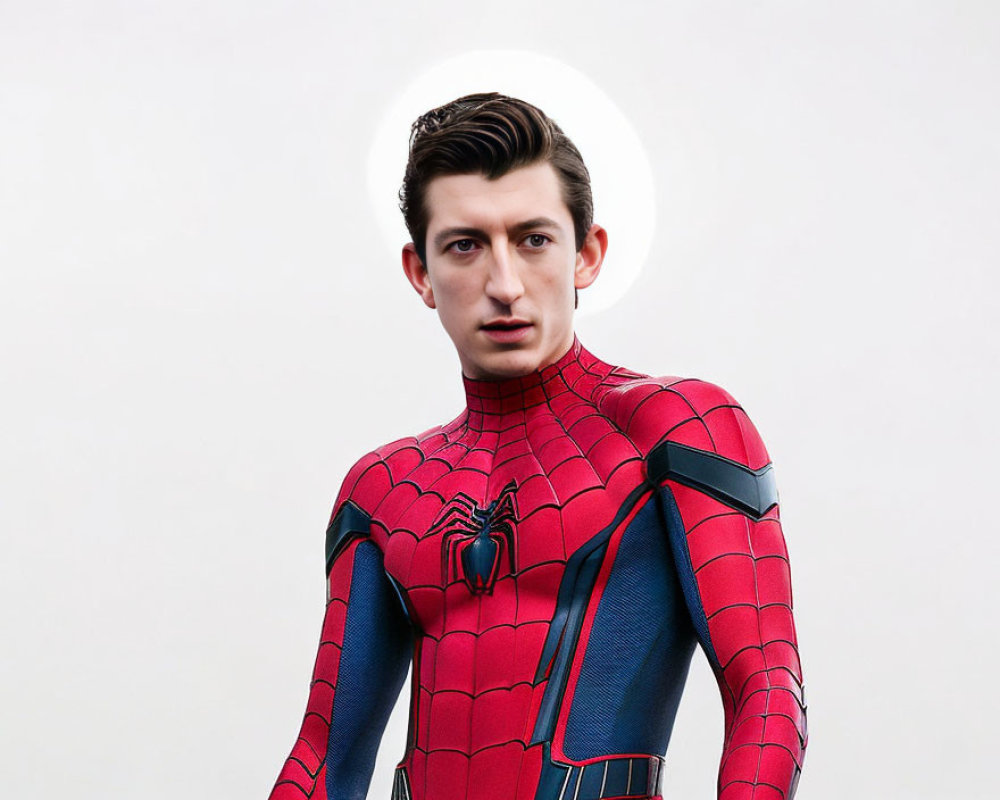 Person in Spider-Man costume with serious expression against white background and digital effects.