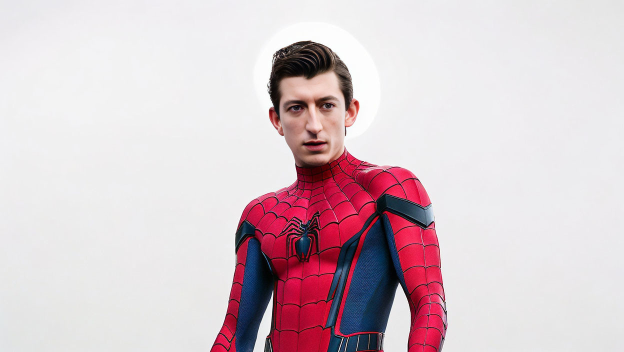 Person in Spider-Man costume with serious expression against white background and digital effects.