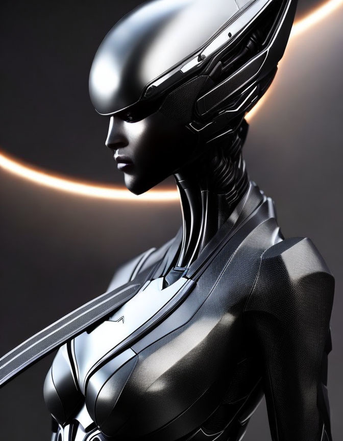 Sleek humanoid robot with metallic design in eclipse-like glow