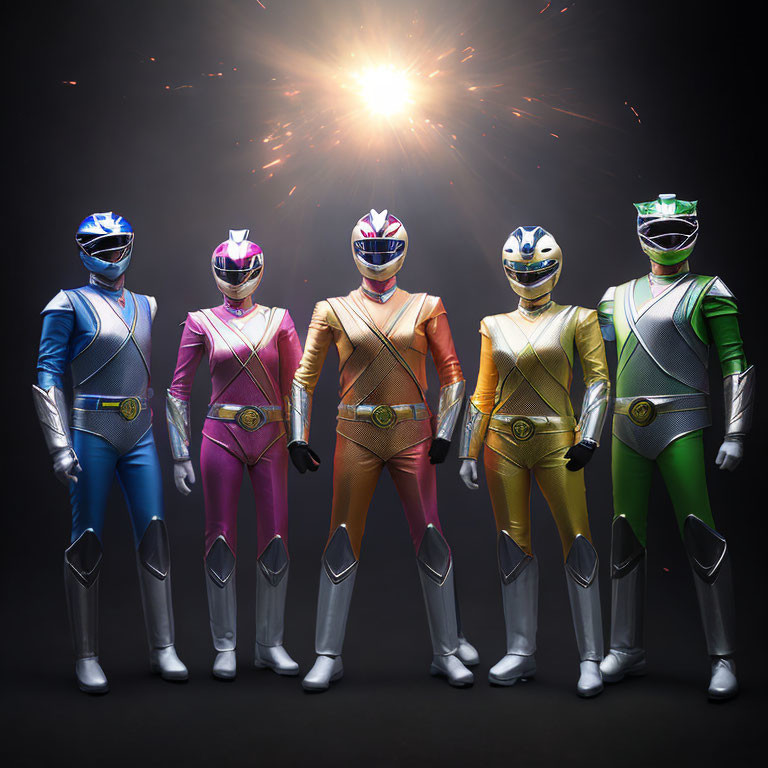 Five individuals in colorful costumes with dramatic burst of light