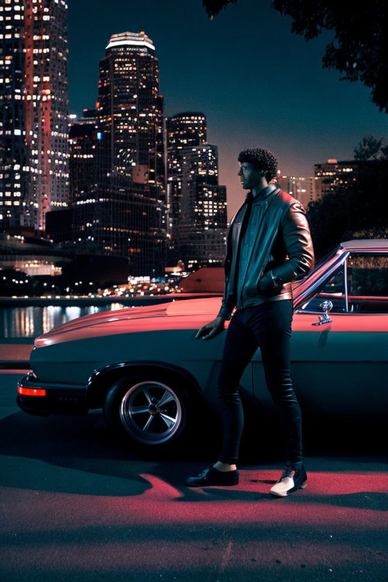 Man in Leather Jacket Leaning on Vintage Car at Night