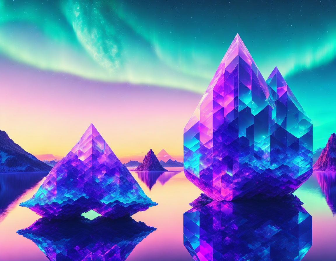 Colorful aurora over calm lake with crystal formations - digital art