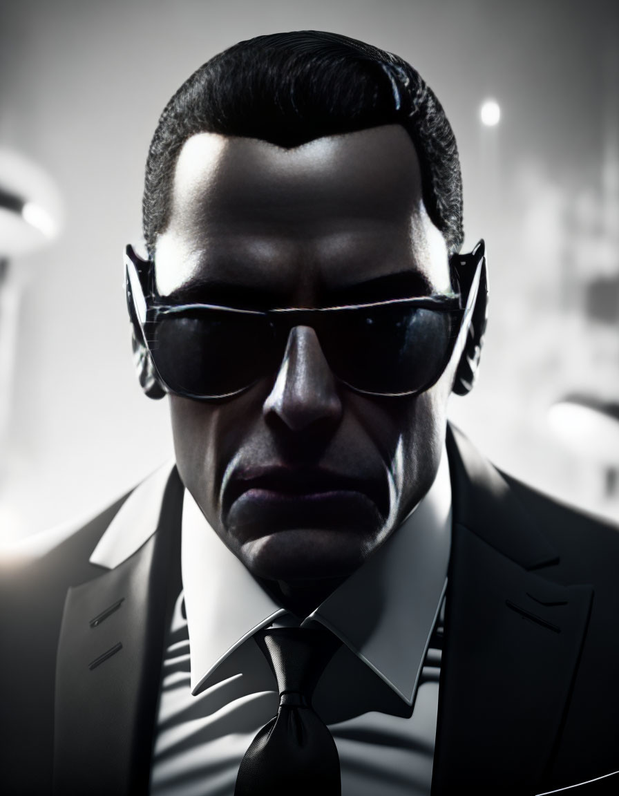 Exaggerated male character in suit with sunglasses.