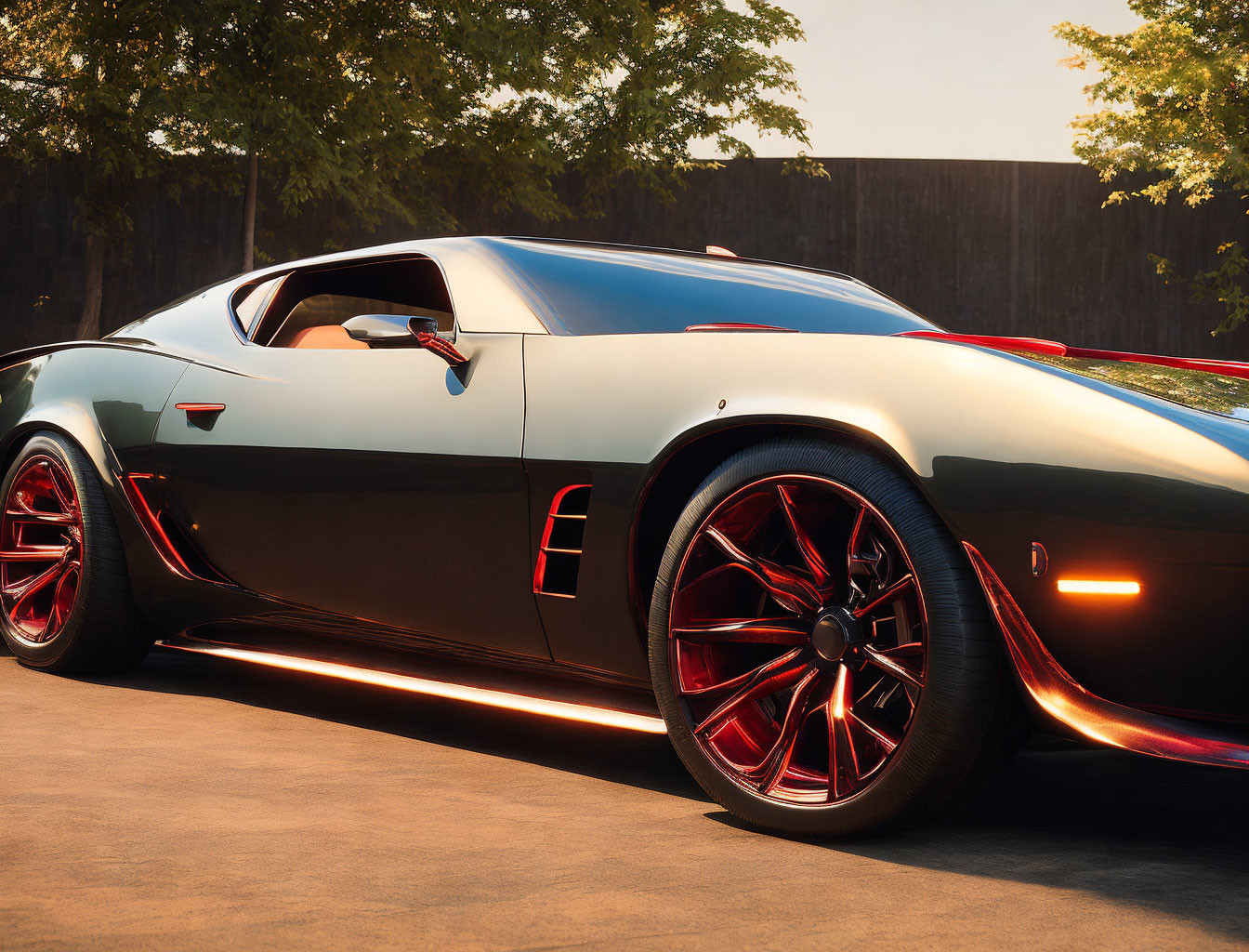 Black Sports Car with Red-Accented Rims and Modern Design