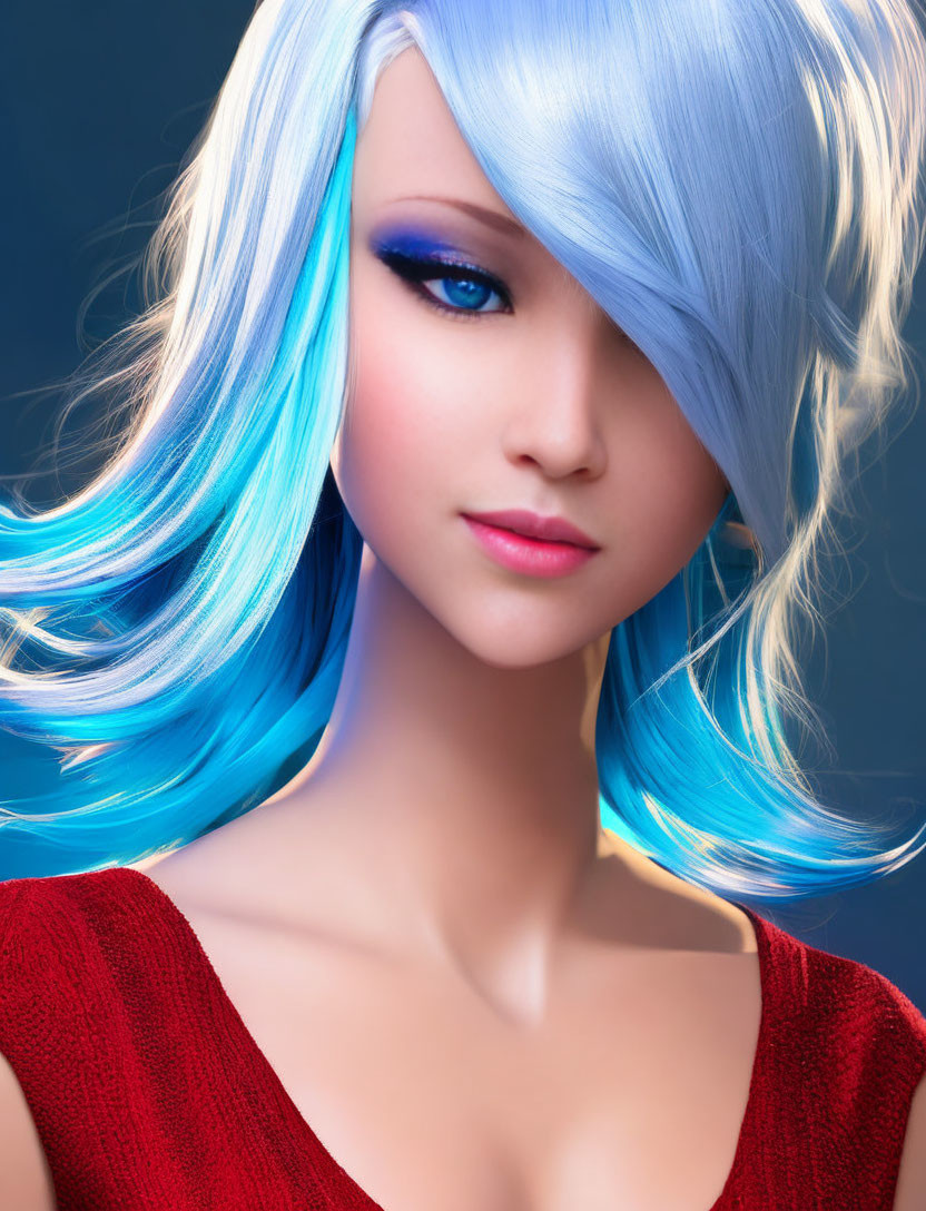 Striking Blue-Haired Female Character in Red Top on Blue Background