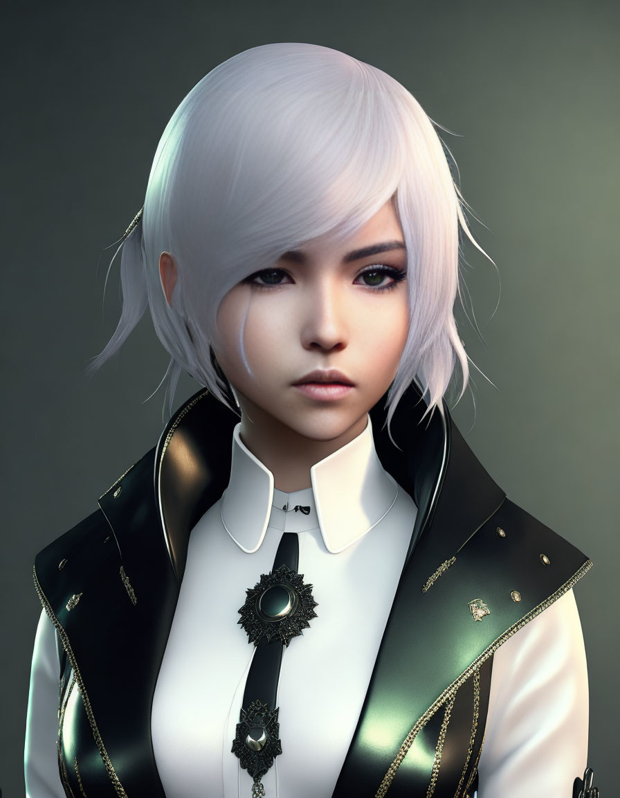 Detailed 3D illustration of woman with silver-white hair in black and white jacket with gold accents