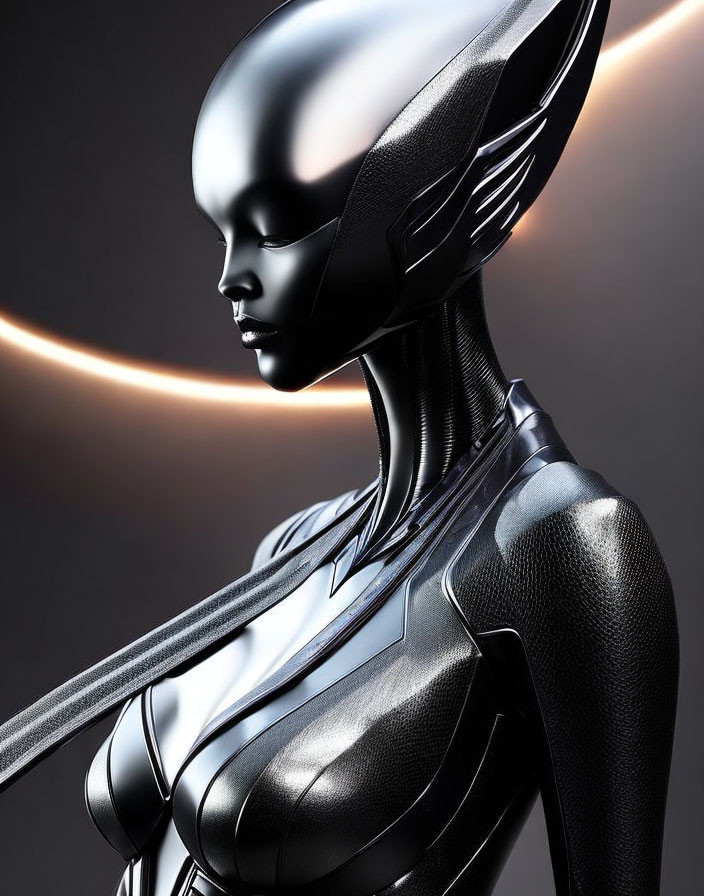 Futuristic humanoid robot with black finish and warm light on dark backdrop