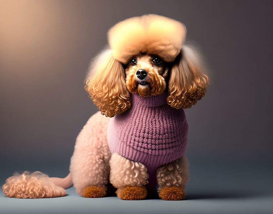 Fluffy Apricot Poodle in Stylish Purple Sweater