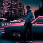 Man in Leather Jacket Leaning on Vintage Car at Night