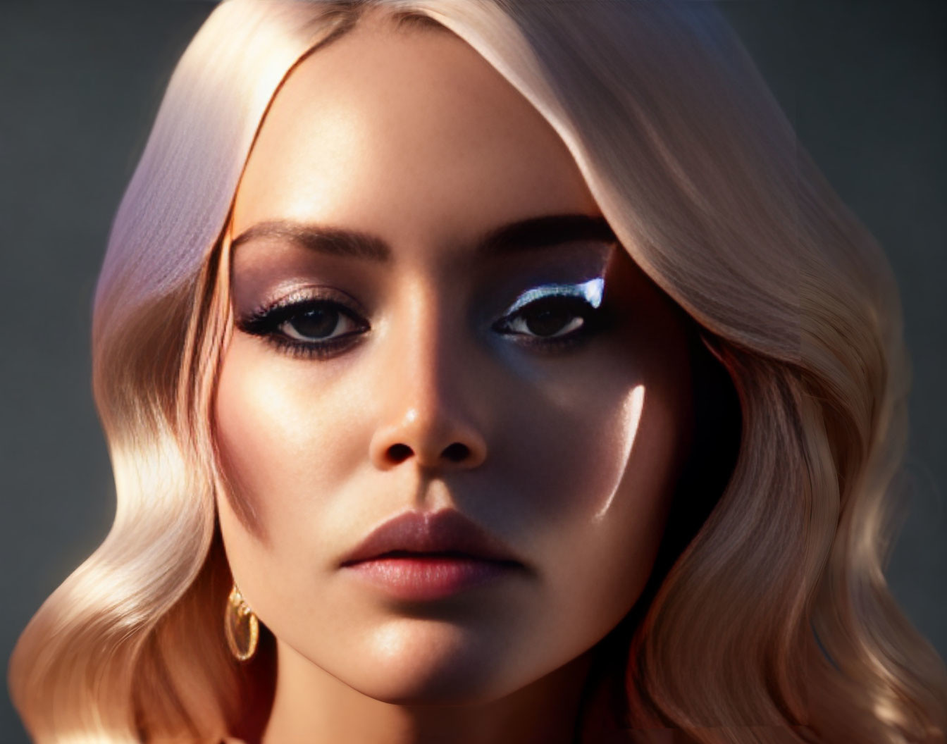 Blonde-haired woman in hoop earrings under dramatic lighting