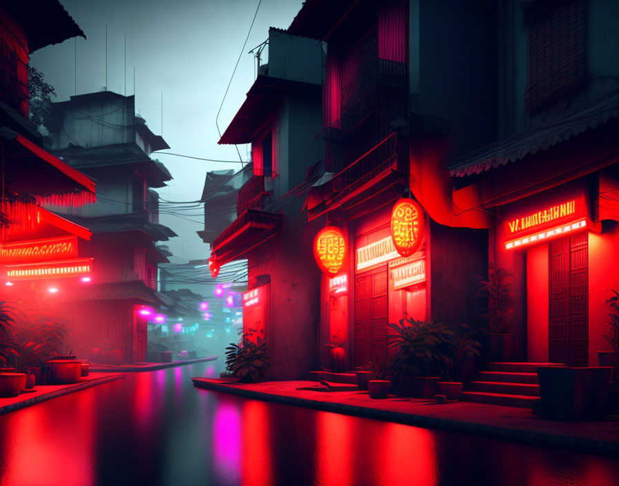 Neon-lit Asian street with glowing signs and serene canal