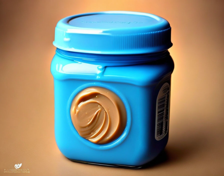 Blue Peanut Butter Jar Label and Creamy Texture on Beige Surface