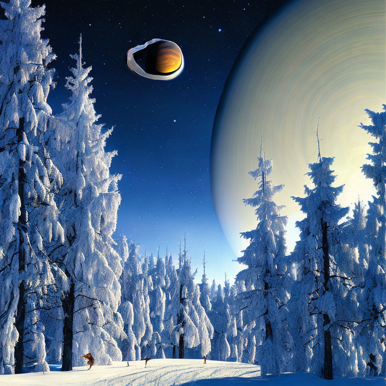 Snowy forest landscape with tall trees under a night sky and ringed planet.