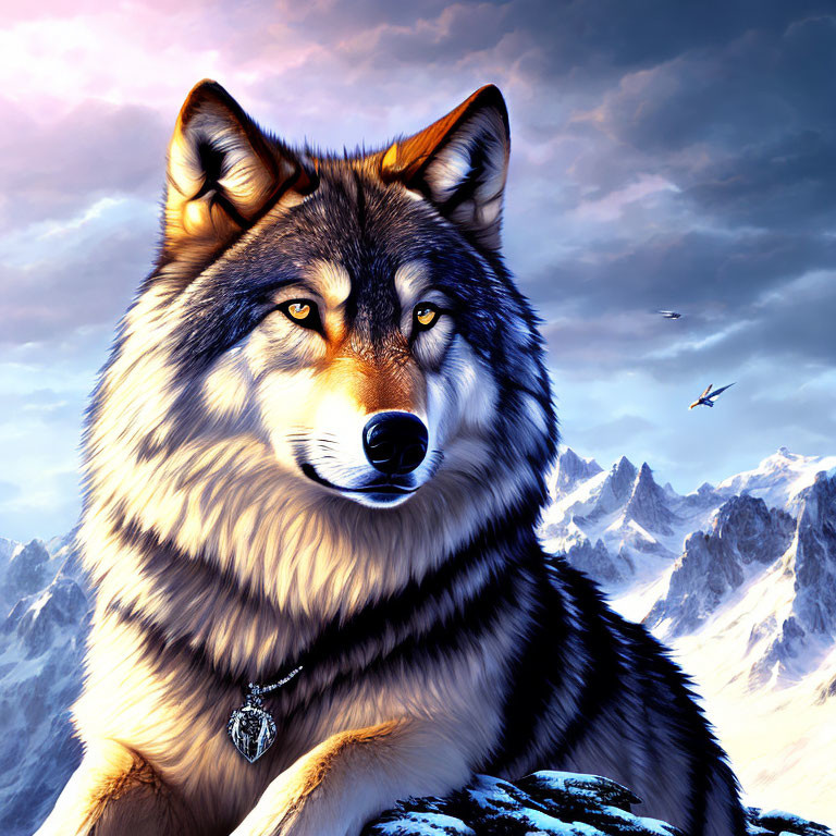 Majestic wolf with piercing eyes in snowy mountain landscape