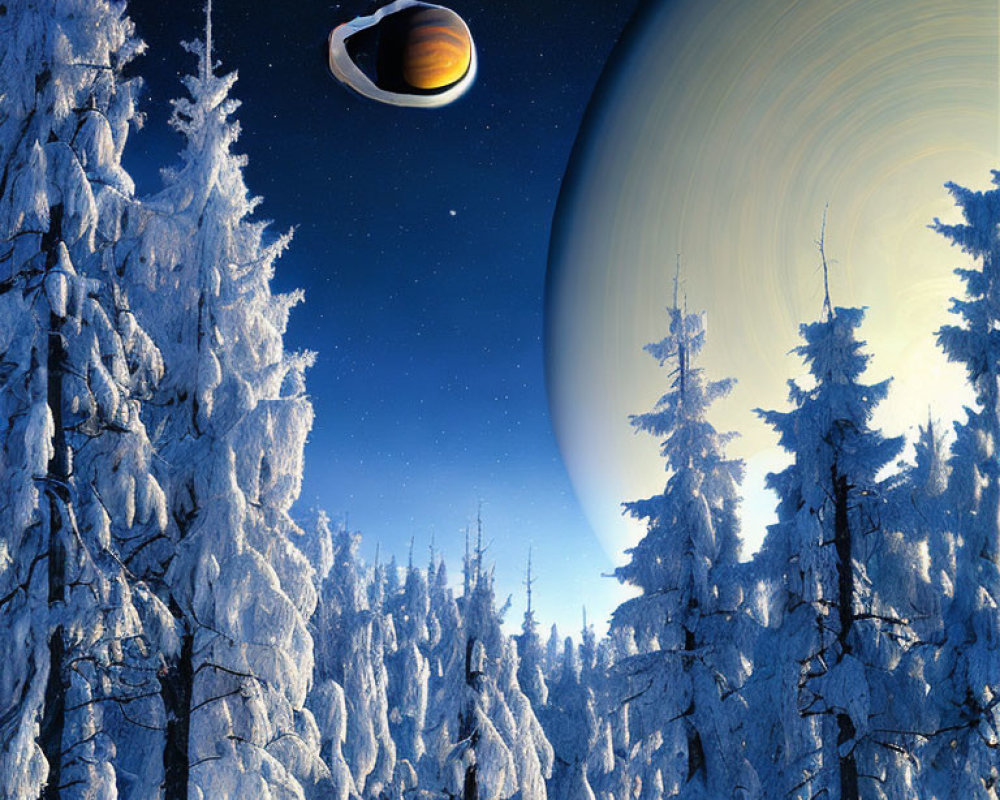 Snowy forest landscape with tall trees under a night sky and ringed planet.