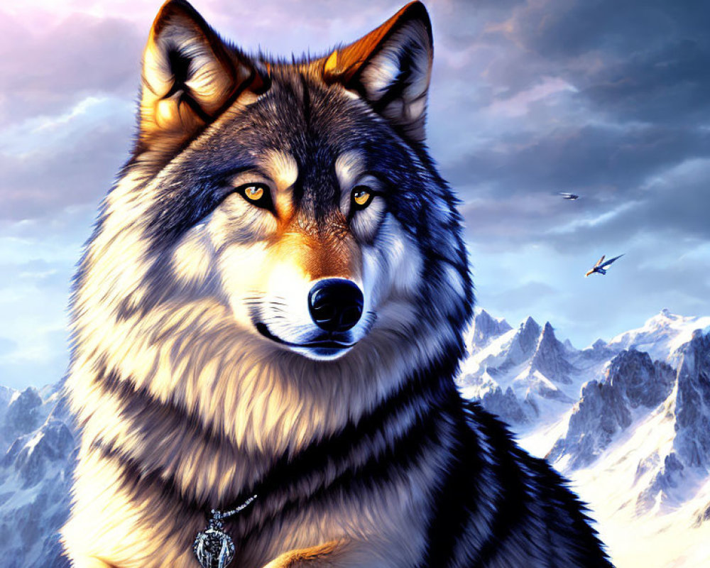 Majestic wolf with piercing eyes in snowy mountain landscape