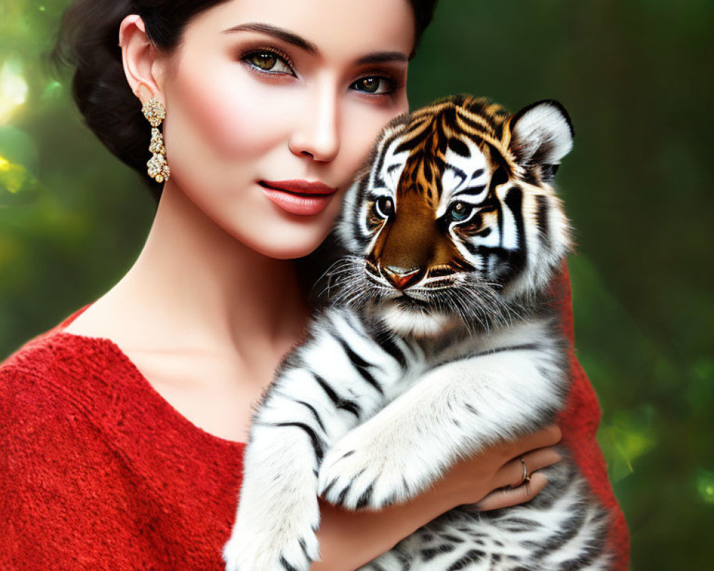 Woman in red outfit cuddles tiger cub against green backdrop