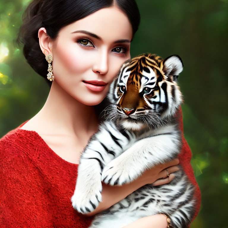 Woman in red outfit cuddles tiger cub against green backdrop