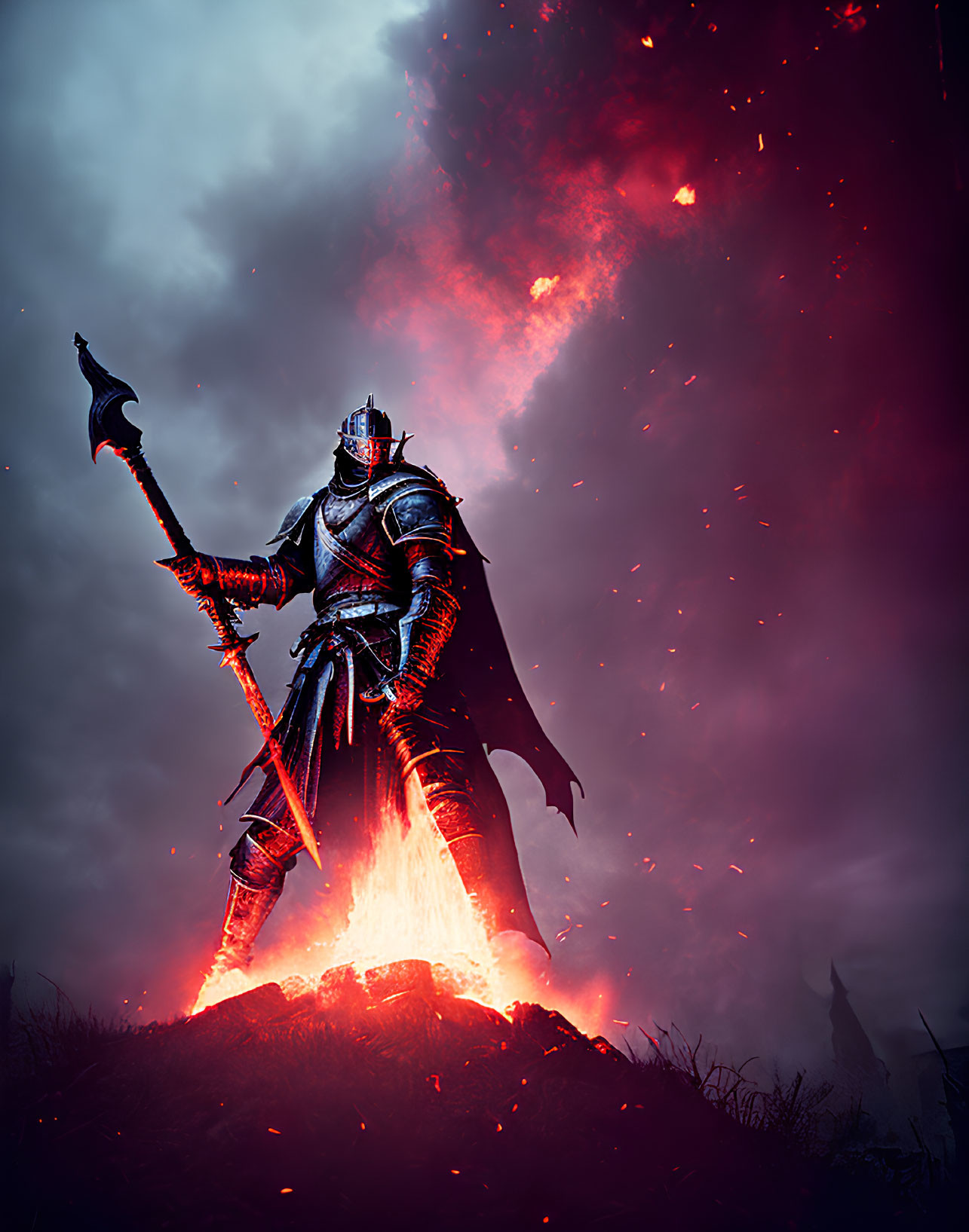 Armored knight with glowing staff in fiery scene under dark sky