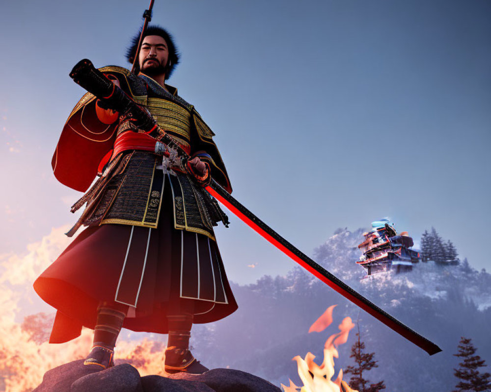 Samurai in traditional armor with katana on rocky terrain and fiery backdrop