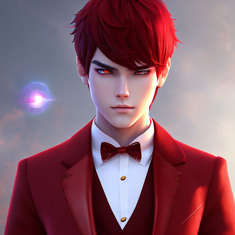 Male character with red hair and red suit, amber eyes, and glowing orb