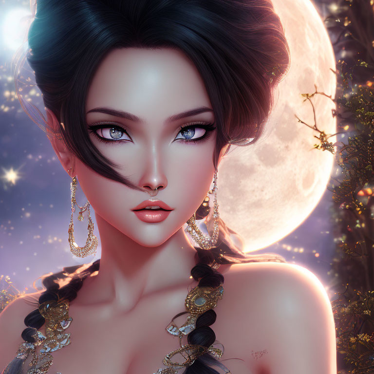 Digital portrait of woman with dark hair and striking eyes against a starry night sky