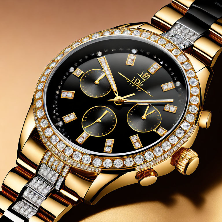 Elegant Gold and Black Diamond-Adorned Wristwatch with Subdials