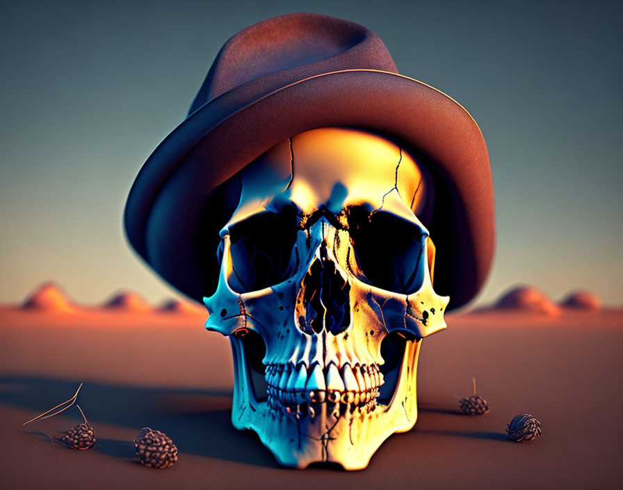 Human skull with blue flame in wide-brimmed hat in desert scene