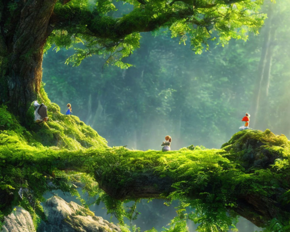 Serene forest scene with people on mossy rock under tree