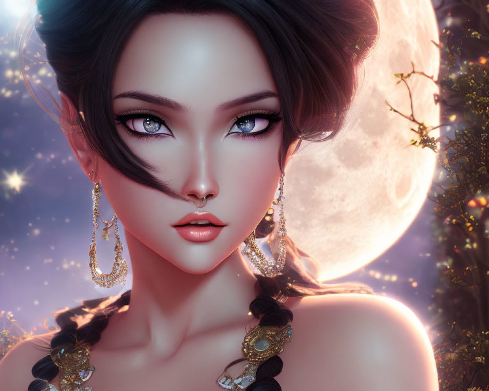 Digital portrait of woman with dark hair and striking eyes against a starry night sky