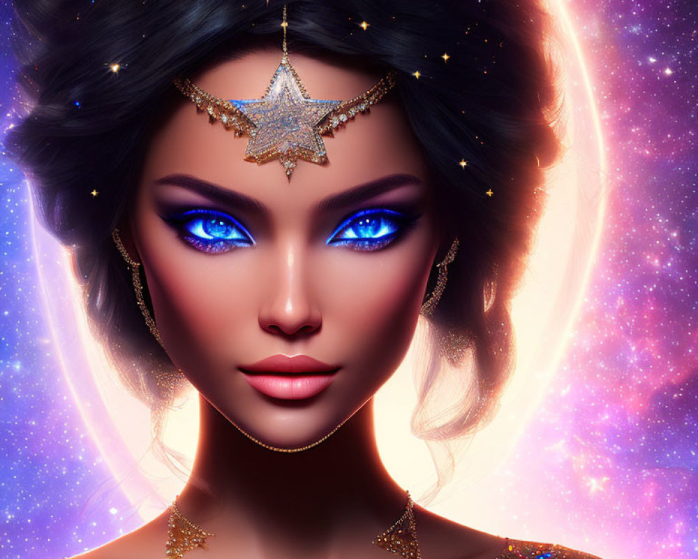 Digital art portrait: Woman with vibrant blue eyes and star-themed jewelry on cosmic background