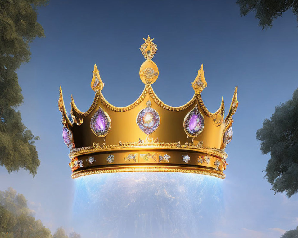 Golden Crown with Purple Gemstones and Ornate Details on Blurred Nature Background