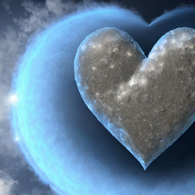 Stone heart in space with blue nebula and bright light source.