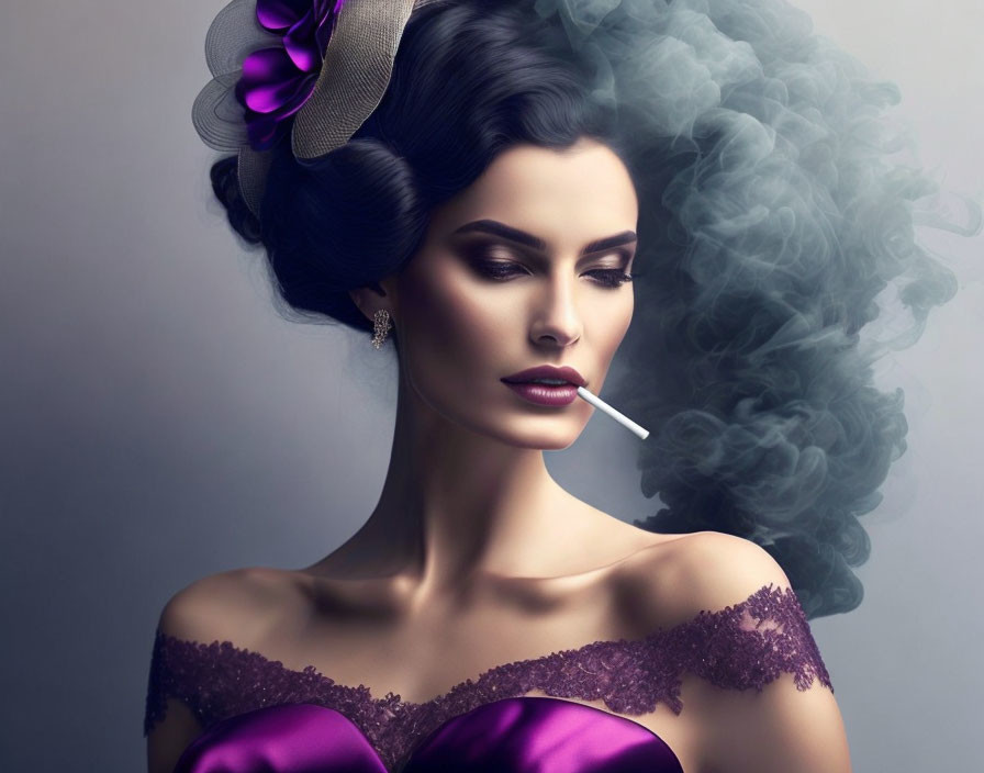 Elegant woman in purple dress and hat with vintage hair style in smokey ambiance