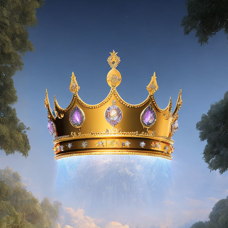 Golden Crown with Purple Gemstones and Ornate Details on Blurred Nature Background