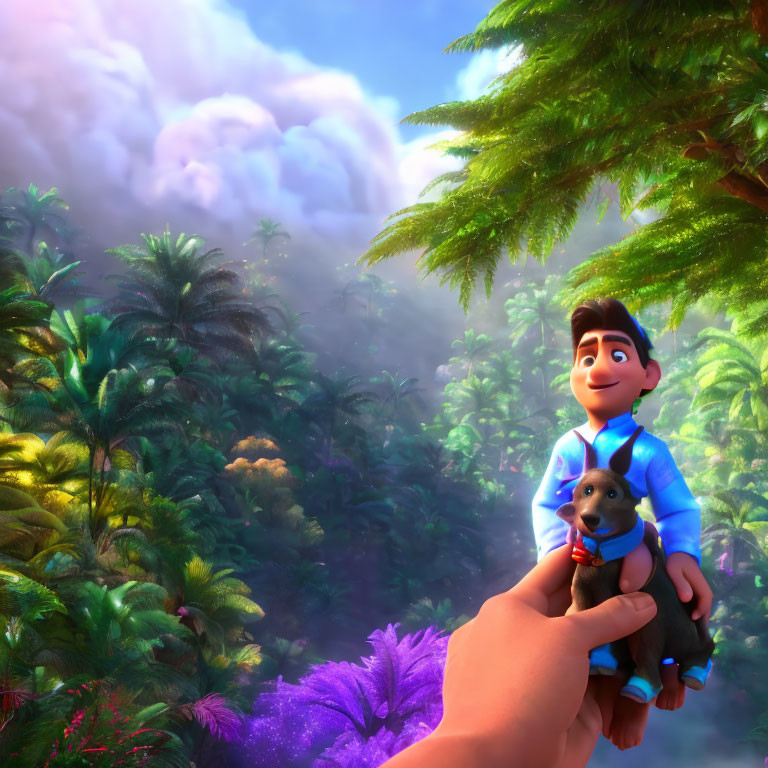 Stylized animated image: Boy in blue shirt with puppy in lush forest