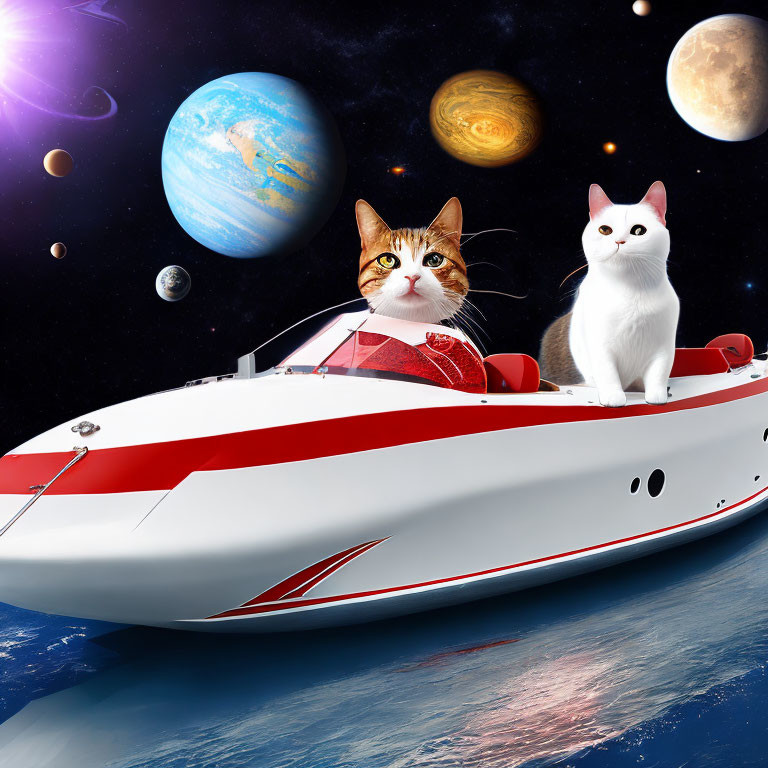 Two cats on a speedboat in space with planets in the background