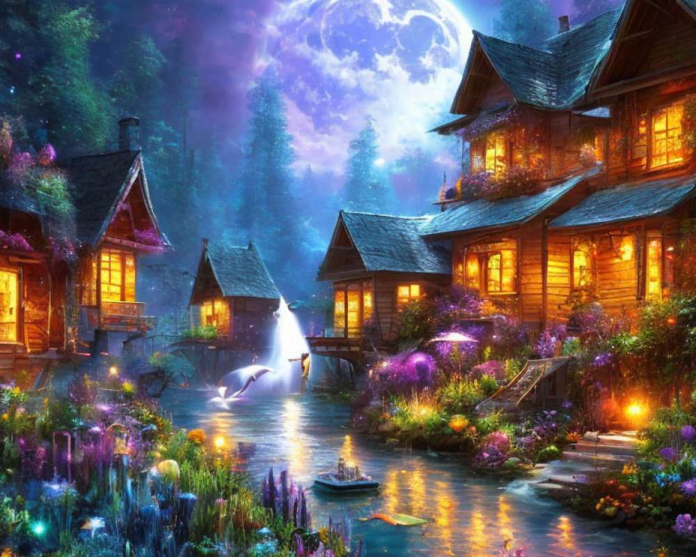 Moonlit village with illuminated cottages by stream and waterfall